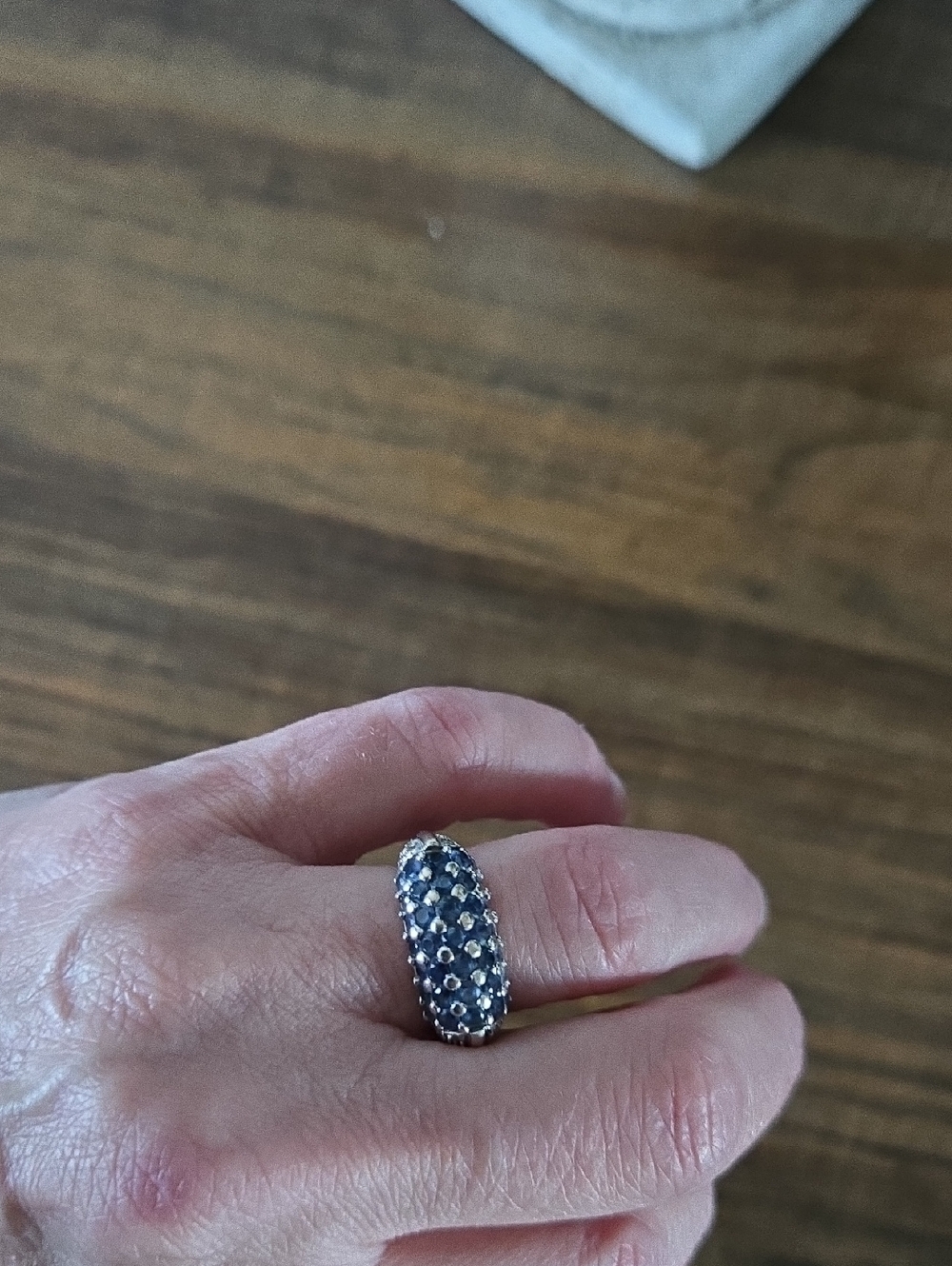 14k White Gold , Saphire And Diamond Pavé Blue Stone Dome Ring